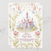 Fairytale Castle Pastel Watercolor Floral Wedding Kaart (Voorkant / Achterkant)