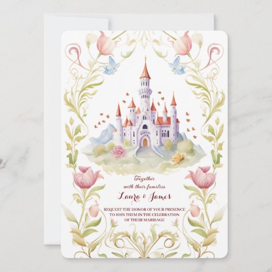 Fairytale Castle Pastel Watercolor Floral Wedding Kaart (Voorkant)