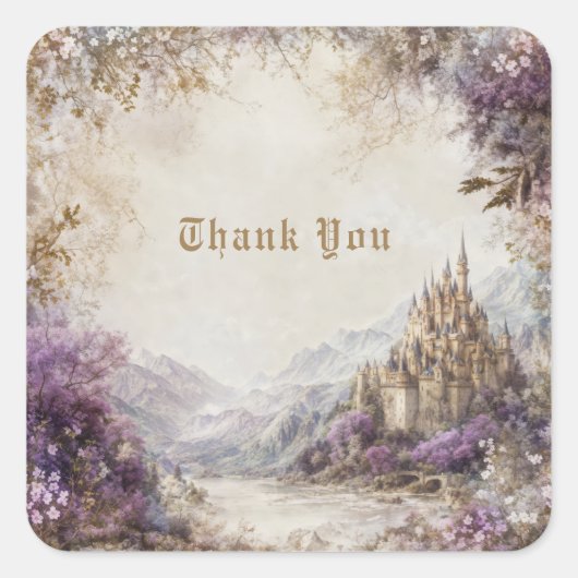 Fairytale Castle Purple Floral Misty Mountain Vierkante Sticker (Voorkant)