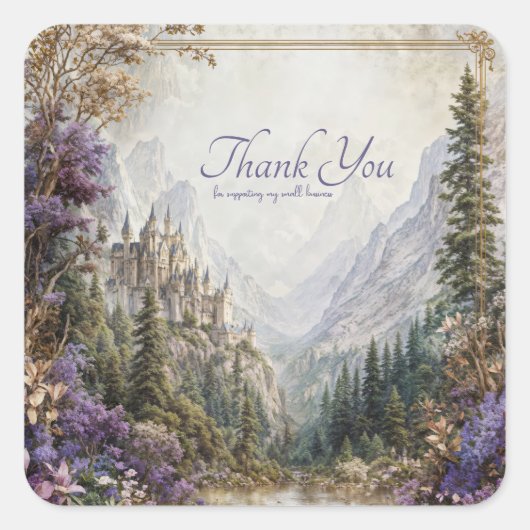 Fairytale Castle Purple Floral Mountain Valley Vierkante Sticker (Voorkant)