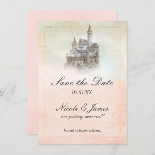 Fairytale Castle Storybook Page Save the Date Kaar Kaart (Voorkant / Achterkant)
