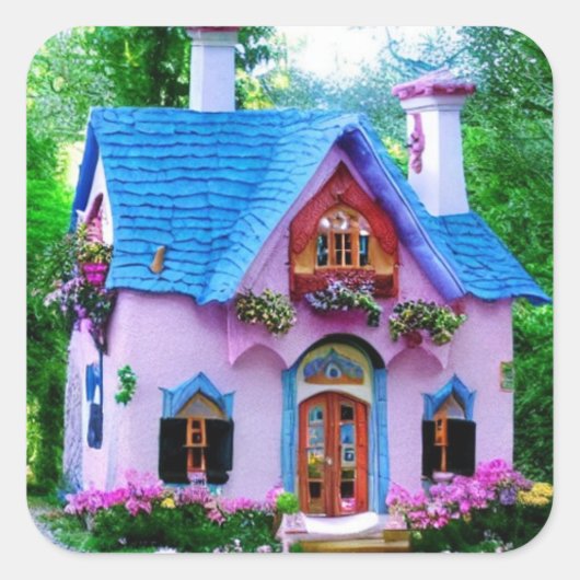 Fairytale Colorful House Vierkante Sticker (Voorkant)