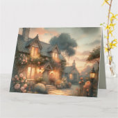 Fairytale Cottage bij zonsondergang met Rozen Kaart (Gele Bloem)