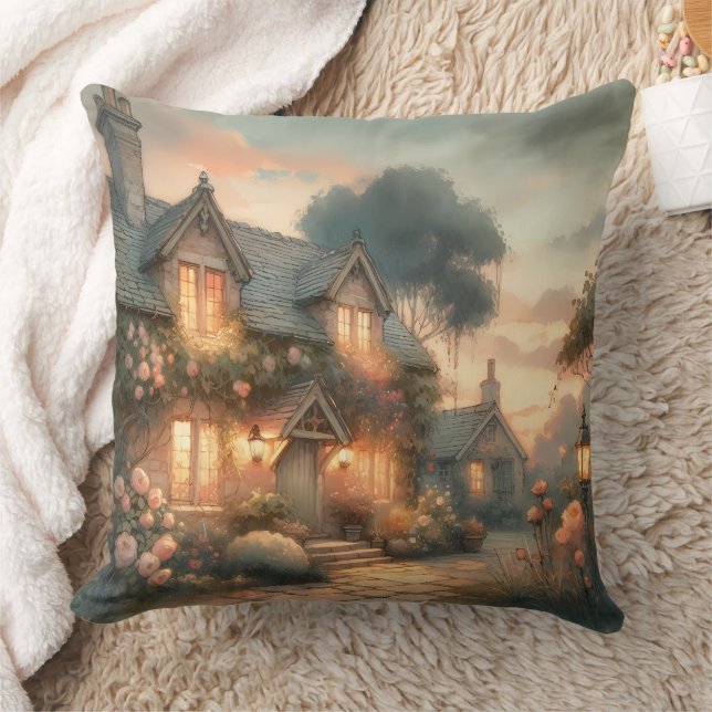 Fairytale Cottage bij zonsondergang met Rozen Kussen (Deken)