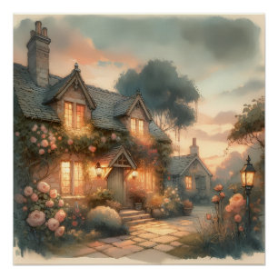 Fairytale Cottage bij zonsondergang met Rozen Perfect Poster
