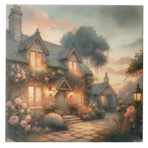 Fairytale Cottage bij zonsondergang met Rozen Tegeltje