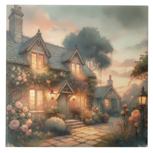Fairytale Cottage bij zonsondergang met Rozen Tegeltje (Voorkant)