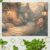 Fairytale Cottage bij zonsondergang met Rozen Theedoek (Gevouwen)