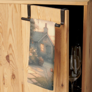 Fairytale Cottage bij zonsondergang met Rozen Theedoek