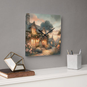 Fairytale Cottage bij zonsondergang met Rozen Vierkante Klok