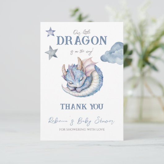 Fairytale Dreamy Blue Dragon Baby Shower Bedankkaart (Staand voorkant)