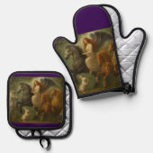 Fairytale Horses & Angel Oven Mitt and Pot Holders Ovenwant & Pannenlap Set (Voorkant / Achterkant)