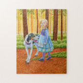 Fairytale meid met hond in het bos legpuzzel (Verticaal)