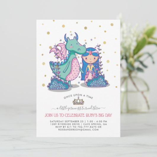 Fairytale partijuitnodiging | Prinses & Dragon (Staand voorkant)