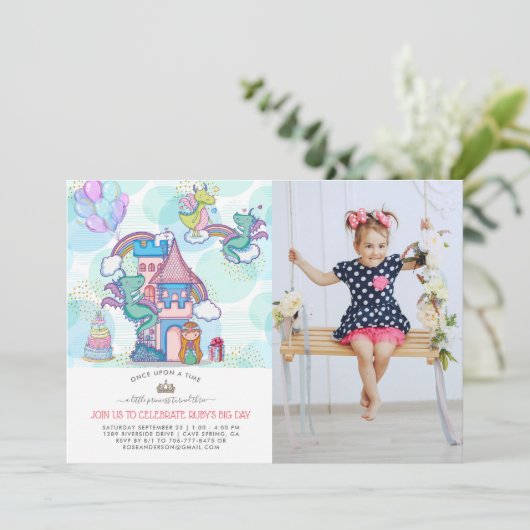 Fairytale partijuitnodiging | Prinses & Dragons (Staand voorkant)