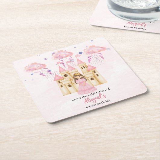 Fairytale Pink Castle Princess All Ages Birthday Kartonnen Onderzetters (Schuin)