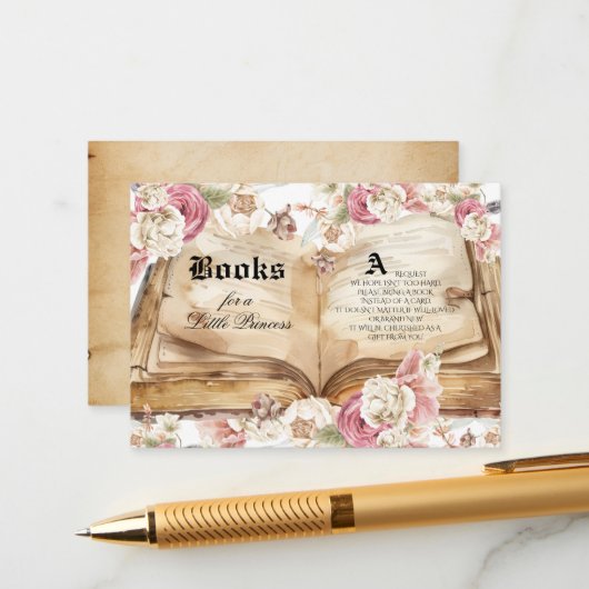 Fairytale Pink Rose Floral Royal Baby Shower Informatiekaartje (Voorkant / Achterkant in situ)