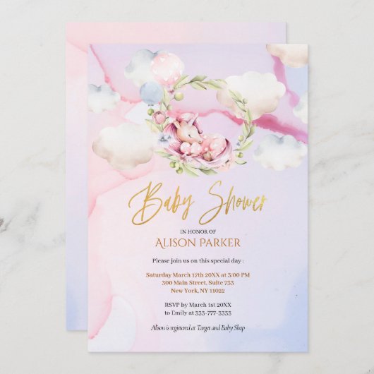 Fairytale Pink Unicorn Dream Cloud | BABY SHOWER Kaart (Voorkant / Achterkant)