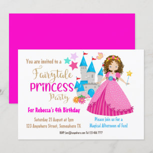 Fairytale Princess Brown Hair Birthday Party Kaart