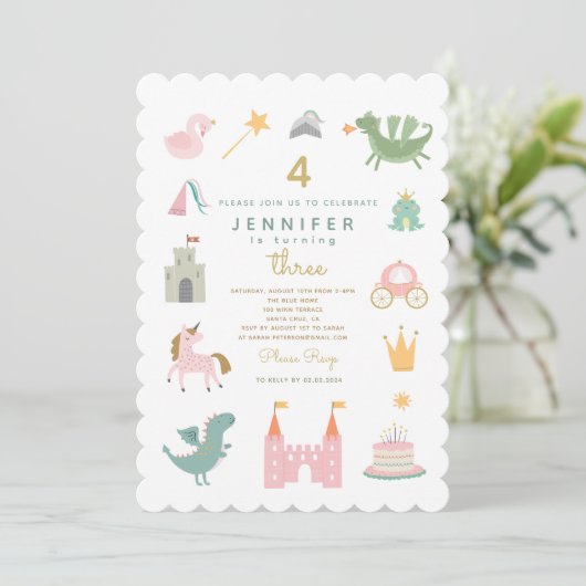 Fairytale Princess Dragon Birthday Invitation Kaart (Staand voorkant)