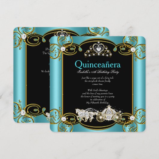 Fairytale Quinceanera 15th Birthday Blauwgroen Blu Kaart (Voorkant / Achterkant)
