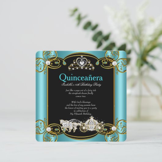 Fairytale Quinceanera 15th Birthday Blauwgroen Blu Kaart (Staand voorkant)