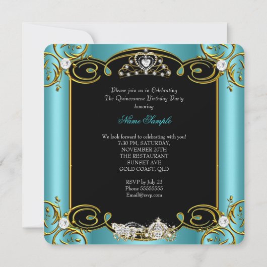 Fairytale Quinceanera 15th Birthday Blauwgroen Blu Kaart (Achterkant)