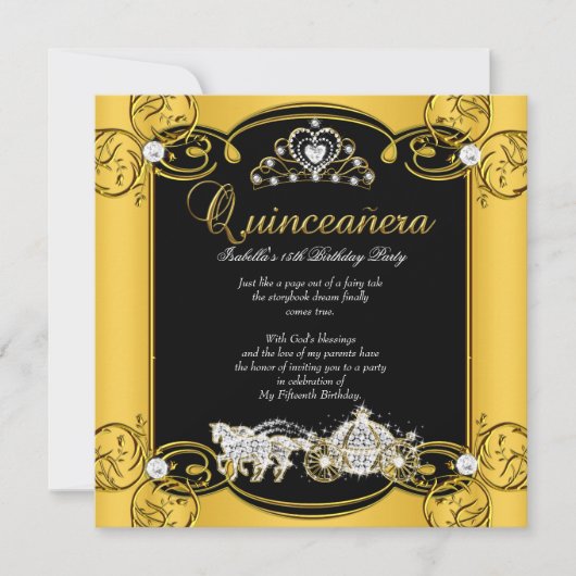 Fairytale Quinceanera 15th Birthday Yellow Black Kaart (Voorkant)