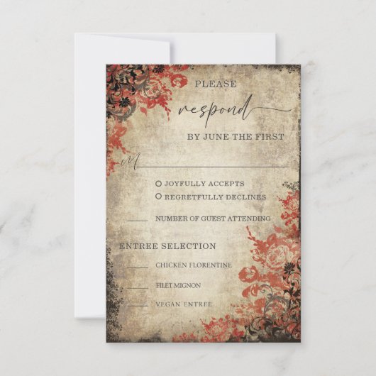 Fairytale Red Roses Wedding RSVP Response Kaart (Voorkant)
