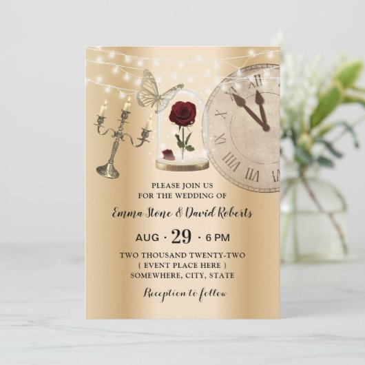 Fairytale Roos Flower Dome Modern Gold Wedding Kaart (Staand voorkant)