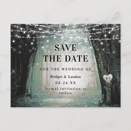 Fairytale sprookjesgroen bos bespaart de datum aankondigingskaart (Voorkant)