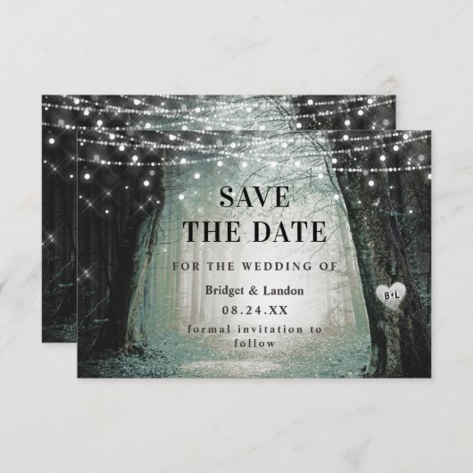 Fairytale sprookjesgroen bos bespaart de datum save the date (Voorkant / Achterkant)