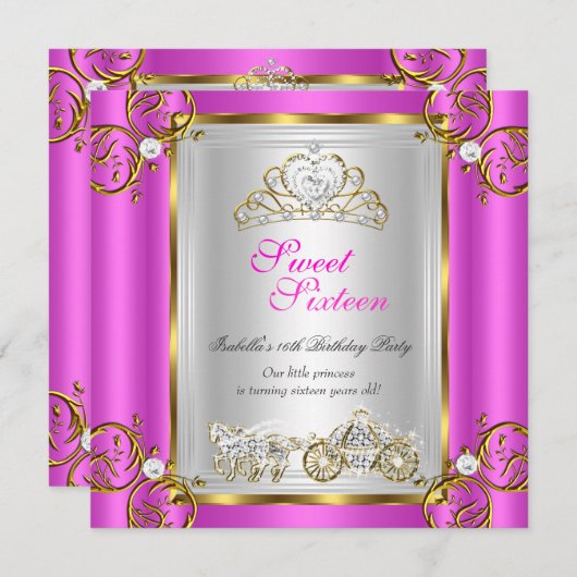 Fairytale Sweet 16 16th Birthday Hot Pink Kaart (Voorkant / Achterkant)