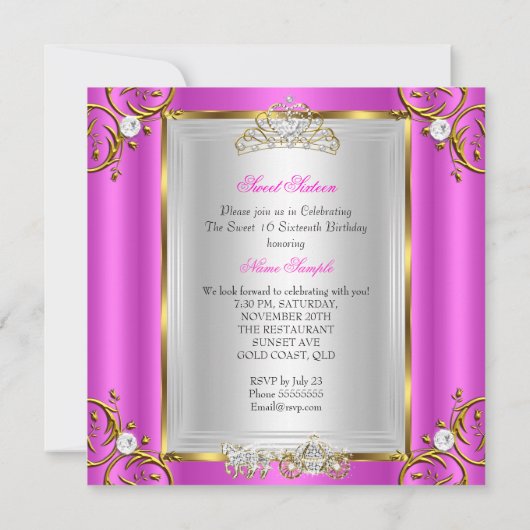 Fairytale Sweet 16 16th Birthday Hot Pink Kaart (Achterkant)