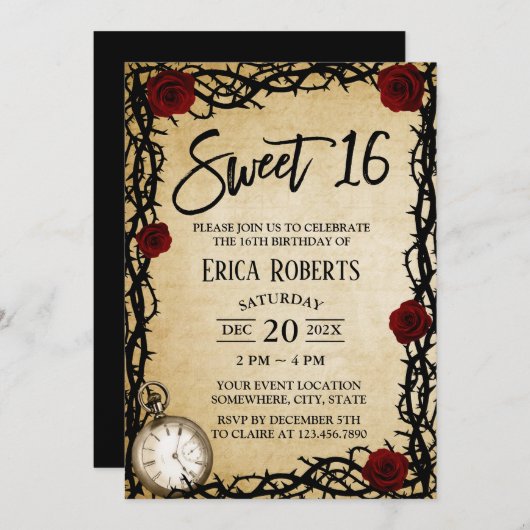 Fairytale Sweet 16  rode rozen & Thorn Kaart (Voorkant / Achterkant)