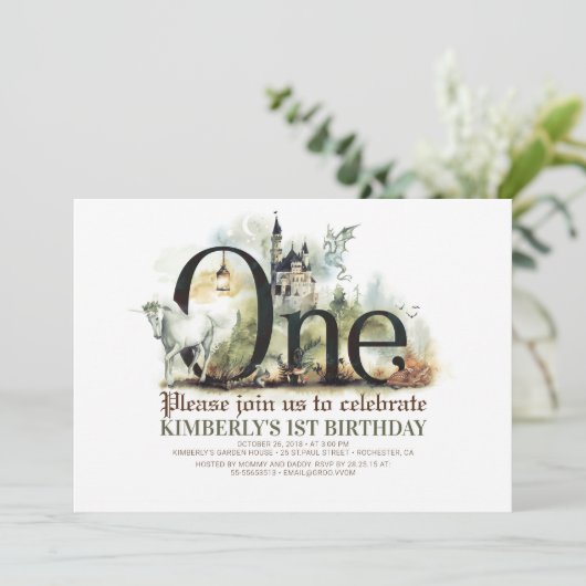 Fairytale Unicorn Dragon en Castle 1st Birthday Kaart (Staand voorkant)