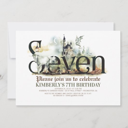 Fairytale Unicorn Dragon Magic Castle 7th Birthday Kaart (Voorkant)