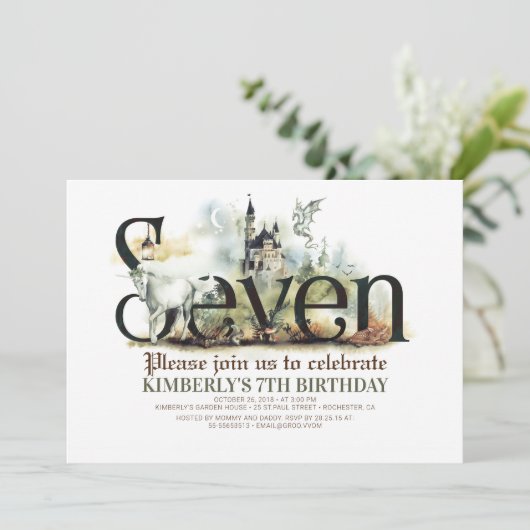 Fairytale Unicorn Dragon Magic Castle 7th Birthday Kaart (Staand voorkant)