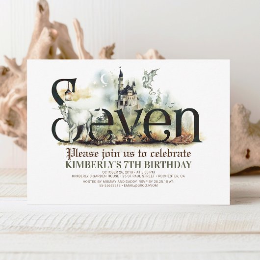 Fairytale Unicorn Dragon Magic Castle 7th Birthday Kaart