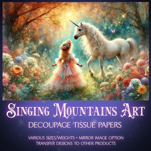 Fairytale Unicorn Little Flower Girl Decoupage  Tissuepapier