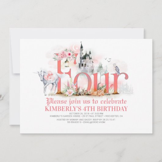 Fairytale Unicorn Princess Castle 4th Birthday Kaart (Voorkant)