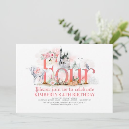 Fairytale Unicorn Princess Castle 4th Birthday Kaart (Staand voorkant)