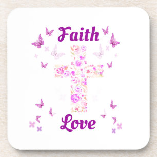 Faith and Love Cross of Rozen with Pink Butterflie Bier Onderzetter