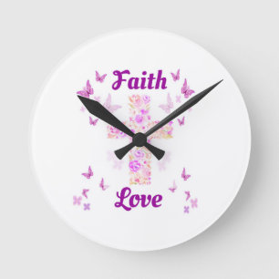 Faith and Love Cross of Rozen with Pink Butterflie Ronde Klok