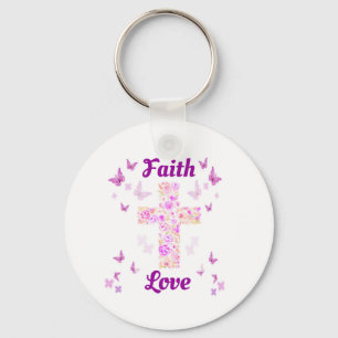 Faith and Love Cross of Rozen with Pink Butterflie Sleutelhanger