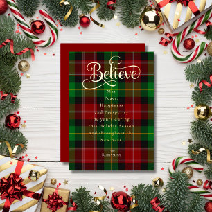 Faith Believe Red Green Christmas Schotse Tartan Folie Feestdagenkaart