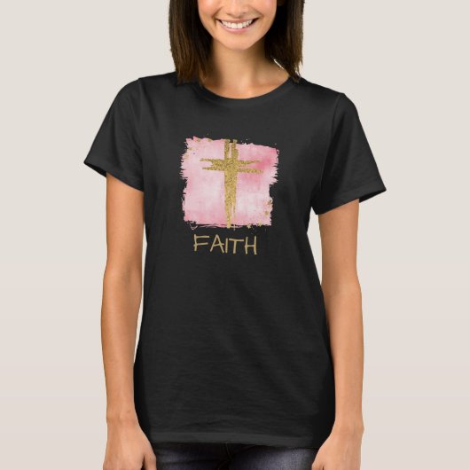 *~* FAITH Christelijke PinK Cross Gold Glitter T-shirt (Voorkant)