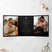 Faith Cross Black Trendy Stylish Collage Wedding Drieluik Uitnodiging (Binnen)