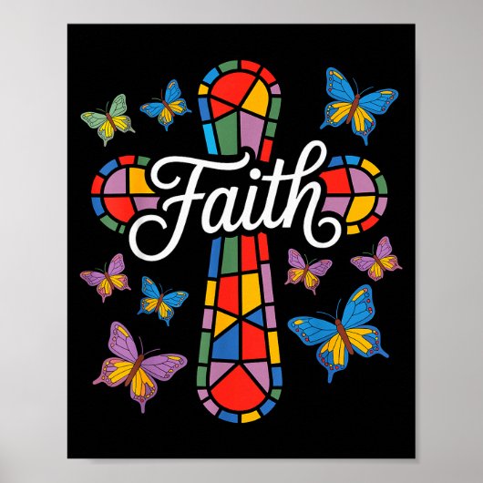 Faith Cross Butterflies And Flowers Christian  Poster (Voorkant)