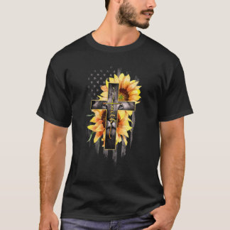 Faith Cross Christian Lion Sunflower American Flag T-shirt